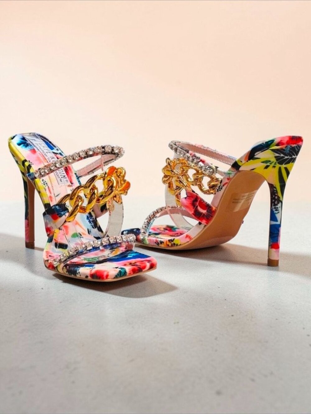 Floral Open-Toe High Heels With Rhinestone & Gold Chain Straps Multicolor Womens - Picture 6 of 14